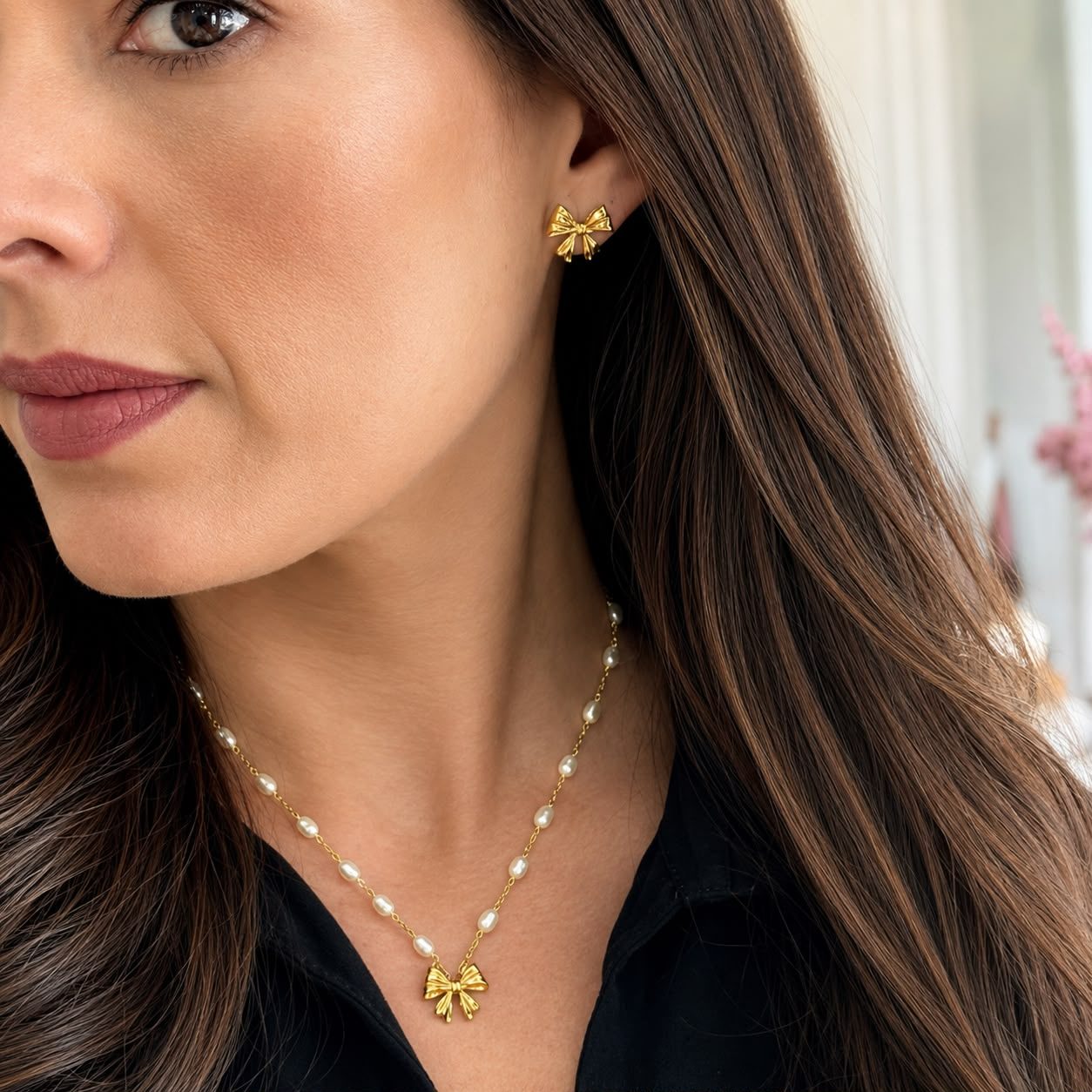 Conjunto Laço com Pérolas – Banhado a Ouro