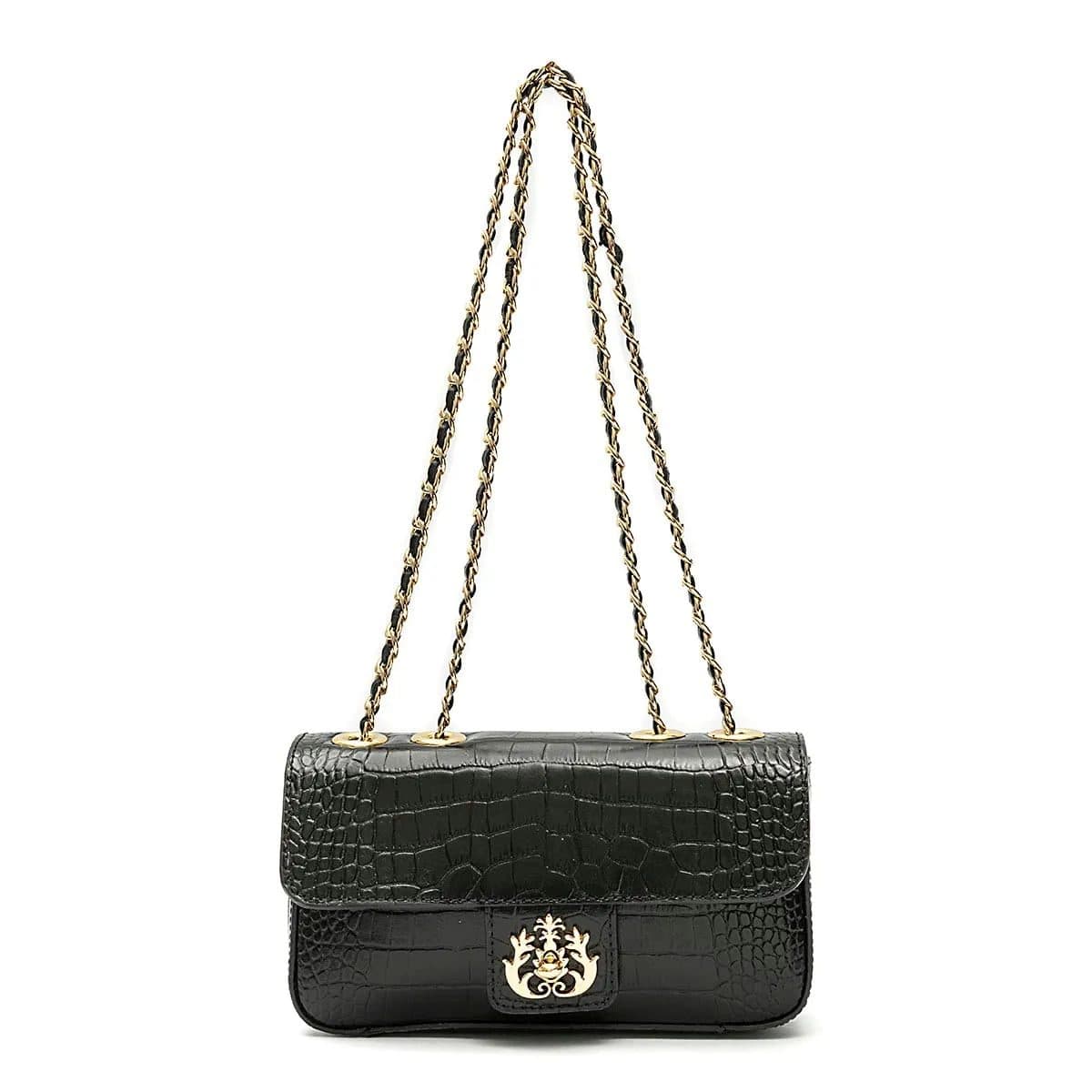 Bolsa Anne Em Couro NEW CROCO PRETO OURO
