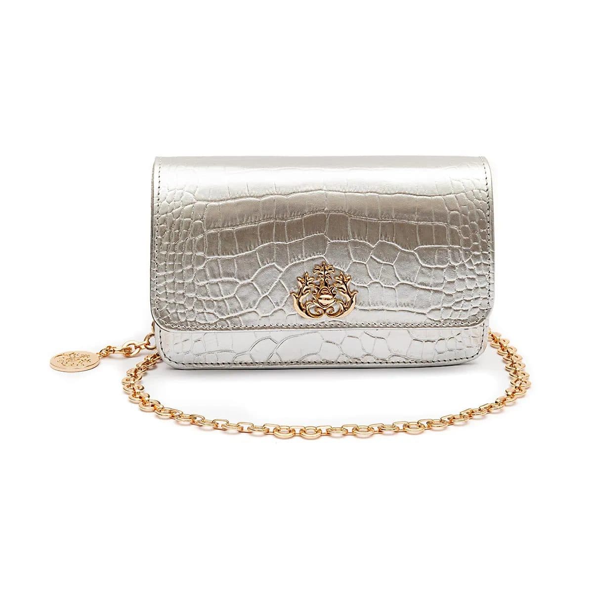 BOLSA CARTEIRA COM CORRENTE TRANSVERSAL FOREVER NEW CROCO PRATA OURO