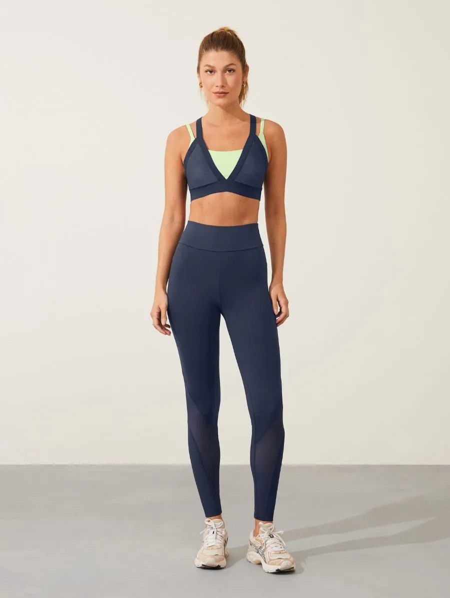 Calça Legging Com Bolsos E Recorte Em Tule Azul Marinho Dark