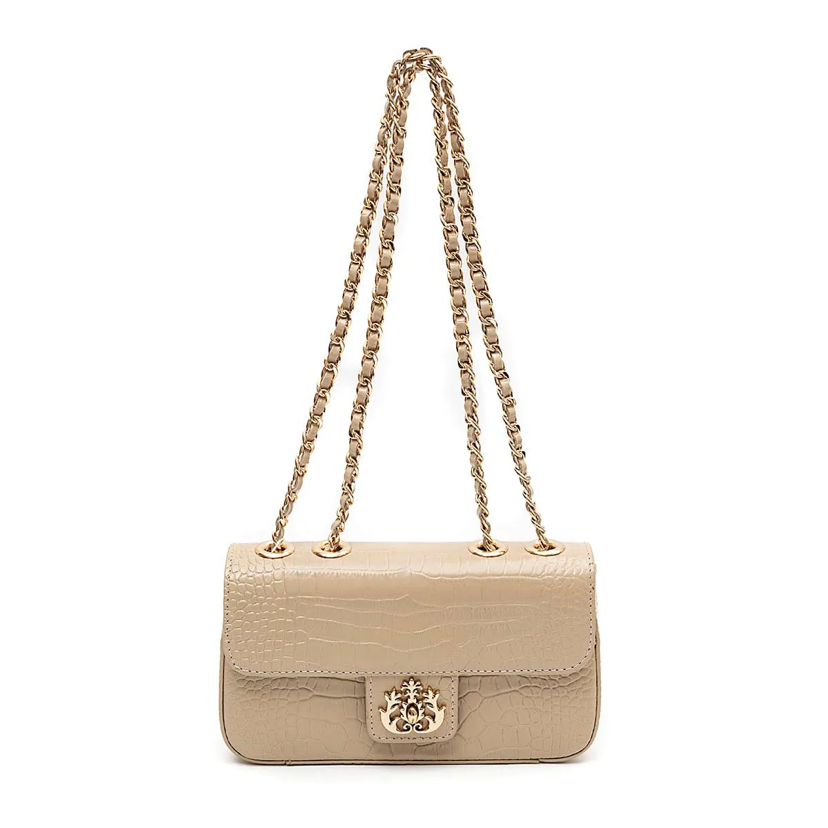 Bolsa Anne Em Couro Natural NEW CROCO NATA OURO